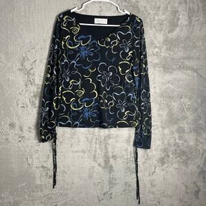 Vintage Y2K Artsy Floral Sheer Sleeves Shirt Sz Small Retro Abstract Y2K Baddie